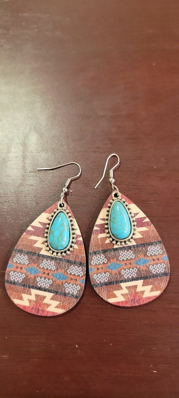Western Aztec Print Teardrop Earrings Turquoise Style Cowgirl Boho Dangle